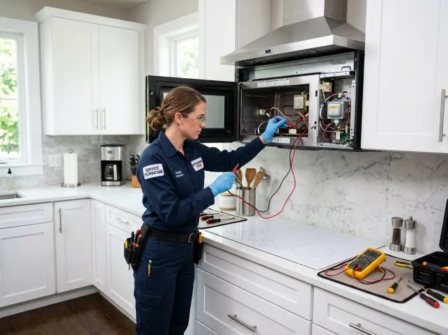 Appliance Repair Hero technician testing an over-the-range microwave in a Ballico, CA kitchen